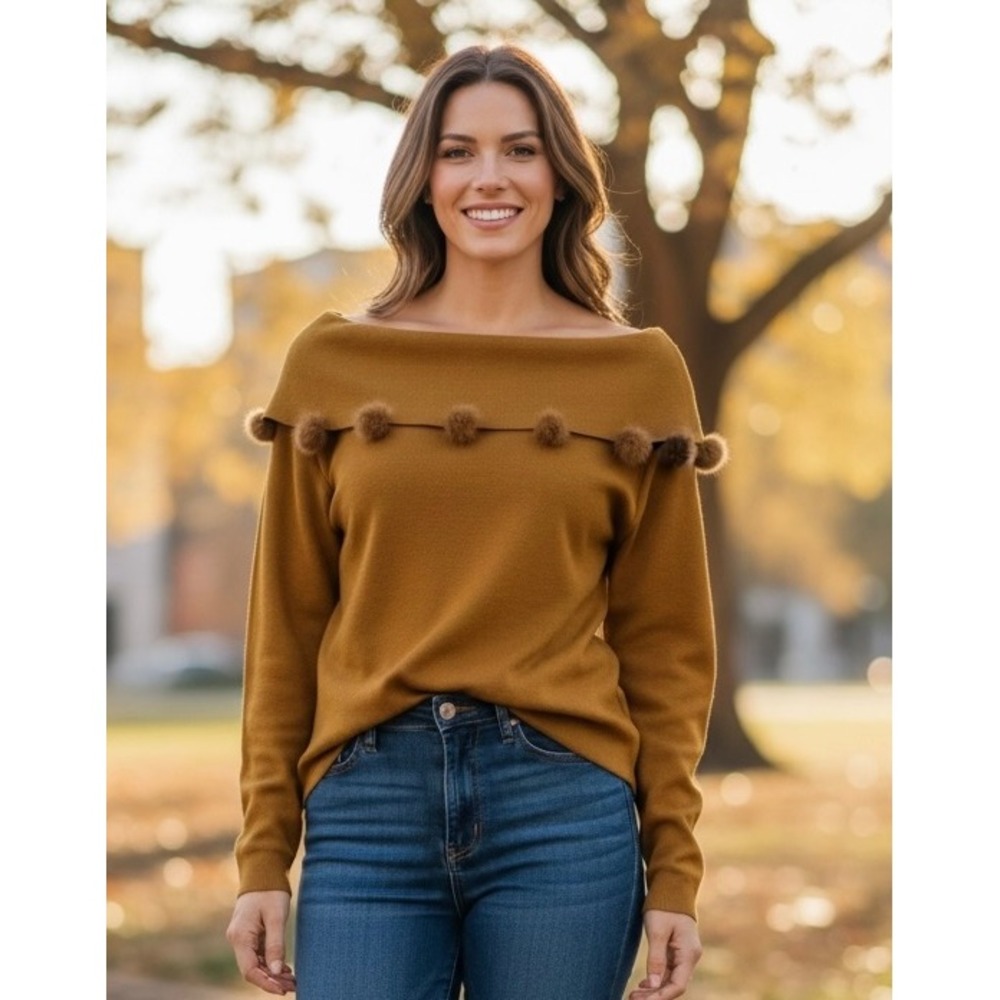 Midnight Velvet Sweater M Pom Pom Off Shoulder Ribbed Knit Whimsigoth Retro